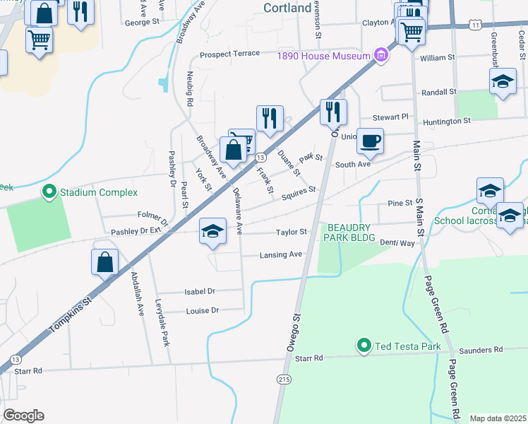 map of restaurants, bars, coffee shops, grocery stores, and more near 27-33 Squires St in Cortland