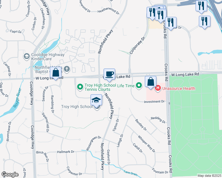 map of restaurants, bars, coffee shops, grocery stores, and more near 4850 Northfield Parkway in Troy