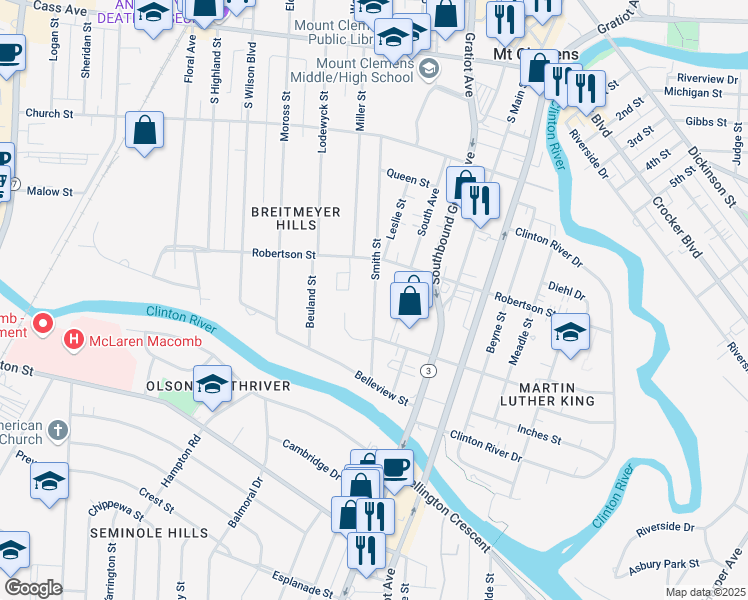 map of restaurants, bars, coffee shops, grocery stores, and more near 118 Smith Street in Mount Clemens