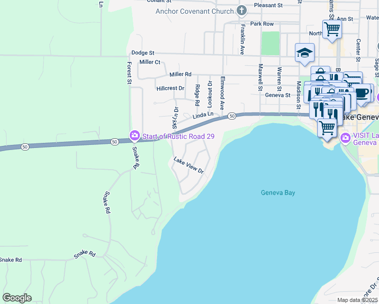 map of restaurants, bars, coffee shops, grocery stores, and more near 1561 Evergreen Lane in Lake Geneva