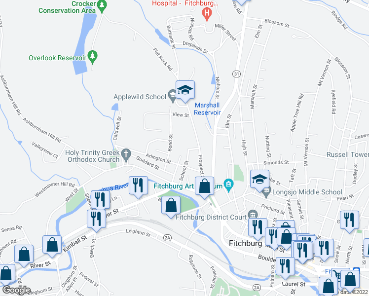 map of restaurants, bars, coffee shops, grocery stores, and more near 52 School Street in Fitchburg