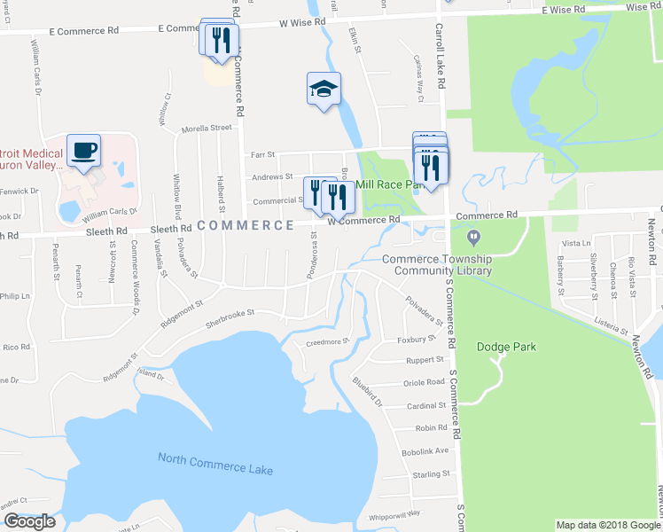 map of restaurants, bars, coffee shops, grocery stores, and more near 4659 Camelina Street in Commerce charter Township