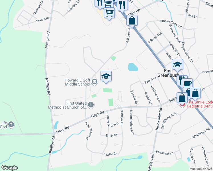 map of restaurants, bars, coffee shops, grocery stores, and more near 35 Gilligan Road in East Greenbush