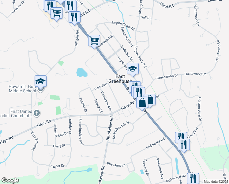 map of restaurants, bars, coffee shops, grocery stores, and more near 19 Mountain View Avenue in East Greenbush