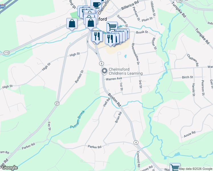 map of restaurants, bars, coffee shops, grocery stores, and more near 86 Boston Road in Chelmsford