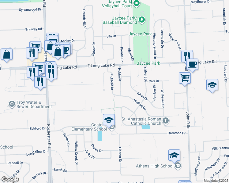 map of restaurants, bars, coffee shops, grocery stores, and more near 4816 Pickford Drive in Troy