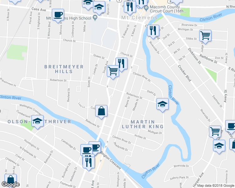 map of restaurants, bars, coffee shops, grocery stores, and more near 213 South Main Street in Mount Clemens