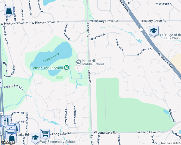 map of restaurants, bars, coffee shops, grocery stores, and more near in Bloomfield Hills