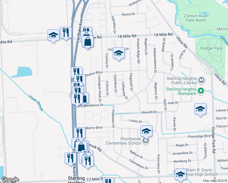 map of restaurants, bars, coffee shops, grocery stores, and more near 40251 Hamilton Drive in Sterling Heights