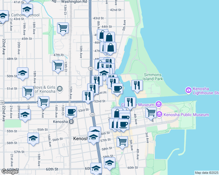 map of restaurants, bars, coffee shops, grocery stores, and more near 5115 7th Avenue in Kenosha