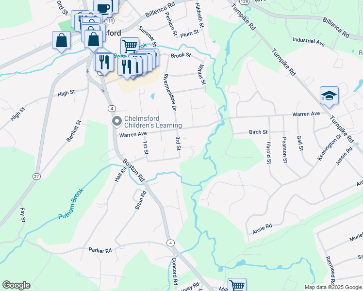 map of restaurants, bars, coffee shops, grocery stores, and more near 7 3rd Street in Chelmsford