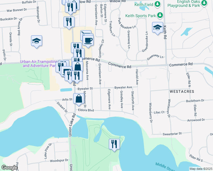 map of restaurants, bars, coffee shops, grocery stores, and more near 8004 Bywater Street in Commerce Charter Township