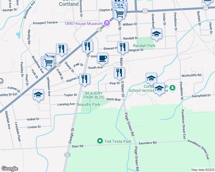 map of restaurants, bars, coffee shops, grocery stores, and more near 21-23 Pine Street in Cortland