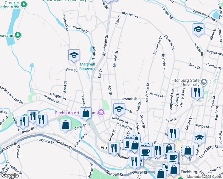 map of restaurants, bars, coffee shops, grocery stores, and more near 115 High Street in Fitchburg