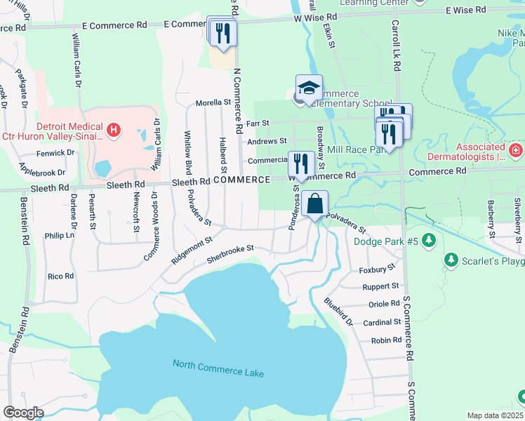 map of restaurants, bars, coffee shops, grocery stores, and more near 4655 Rowena Street in Commerce Charter Township