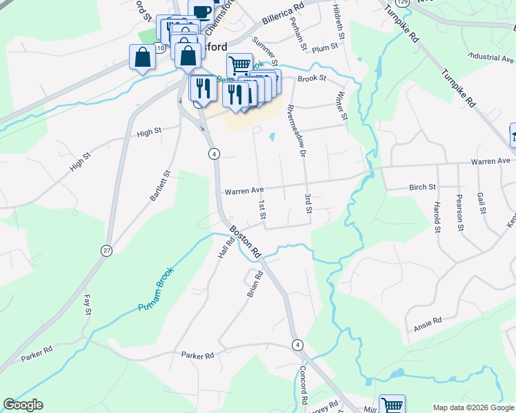 map of restaurants, bars, coffee shops, grocery stores, and more near 12 1st Street in Chelmsford