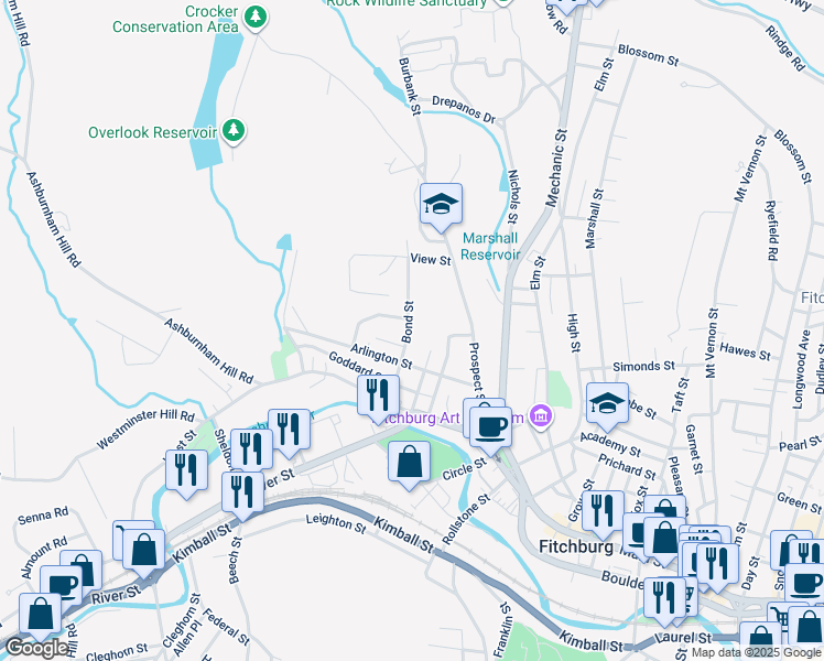 map of restaurants, bars, coffee shops, grocery stores, and more near 52 School Street in Fitchburg