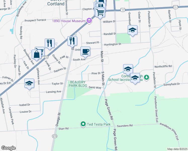map of restaurants, bars, coffee shops, grocery stores, and more near 21-23 Pine Street in Cortland