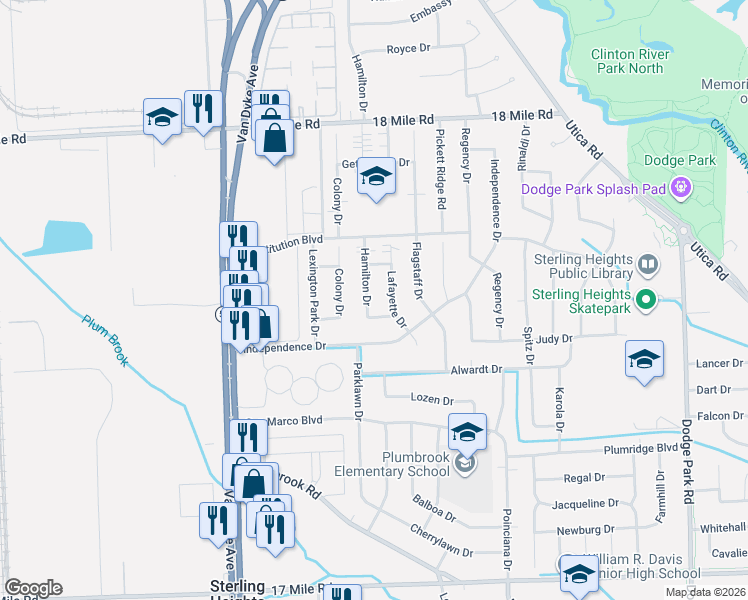 map of restaurants, bars, coffee shops, grocery stores, and more near 40251 Hamilton Drive in Sterling Heights