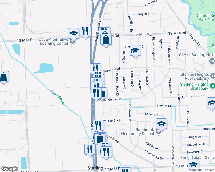 map of restaurants, bars, coffee shops, grocery stores, and more near 8135 Independence Drive in Sterling Heights