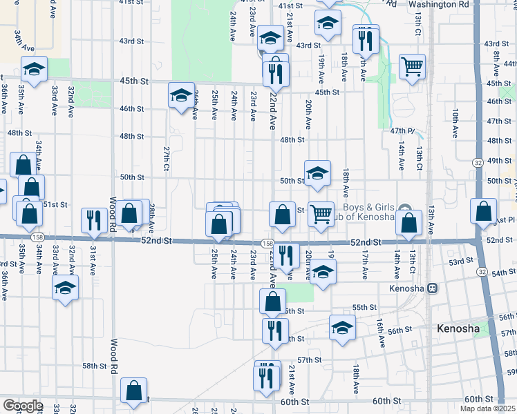 map of restaurants, bars, coffee shops, grocery stores, and more near 5040 23rd Avenue in Kenosha