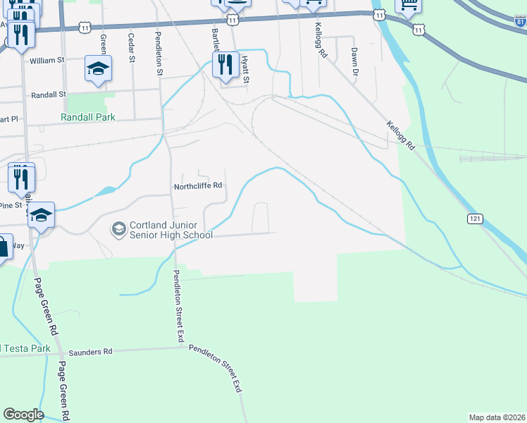 map of restaurants, bars, coffee shops, grocery stores, and more near 12-14-16 Kent Rd in Cortland