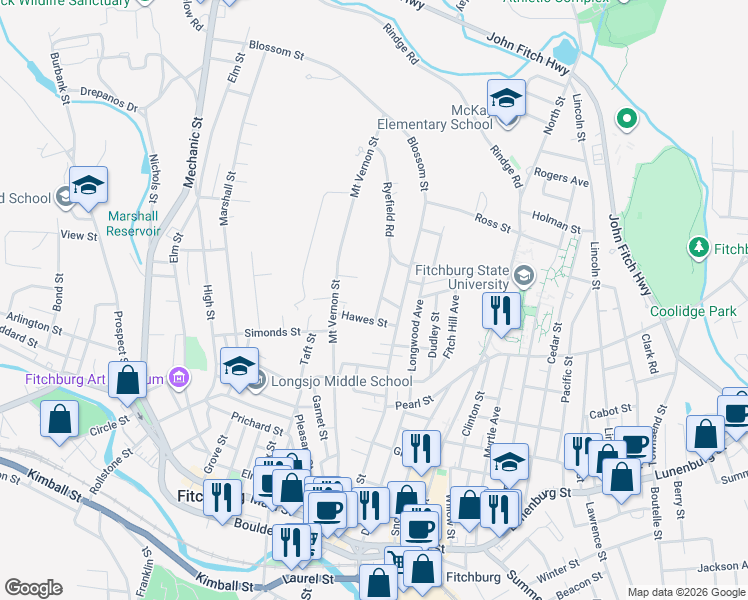 map of restaurants, bars, coffee shops, grocery stores, and more near 33 Hawes Street in Fitchburg