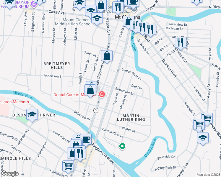 map of restaurants, bars, coffee shops, grocery stores, and more near 213 South Main Street in Mount Clemens