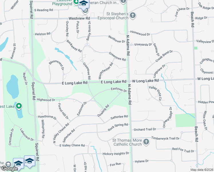 map of restaurants, bars, coffee shops, grocery stores, and more near 1036 East Long Lake Road in Bloomfield Hills