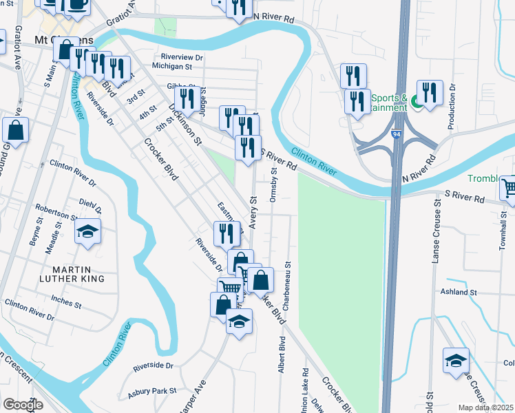 map of restaurants, bars, coffee shops, grocery stores, and more near 143 Avery Street in Macomb County