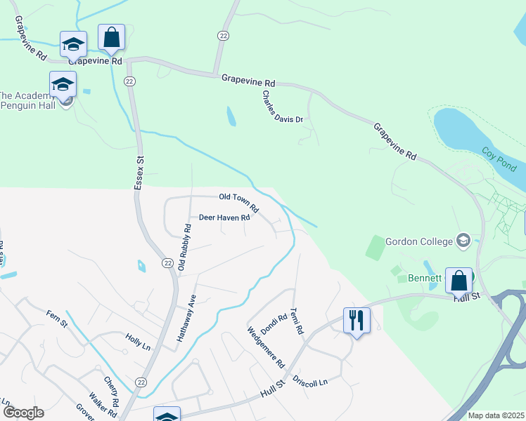 map of restaurants, bars, coffee shops, grocery stores, and more near 18 Old Town Road in Beverly