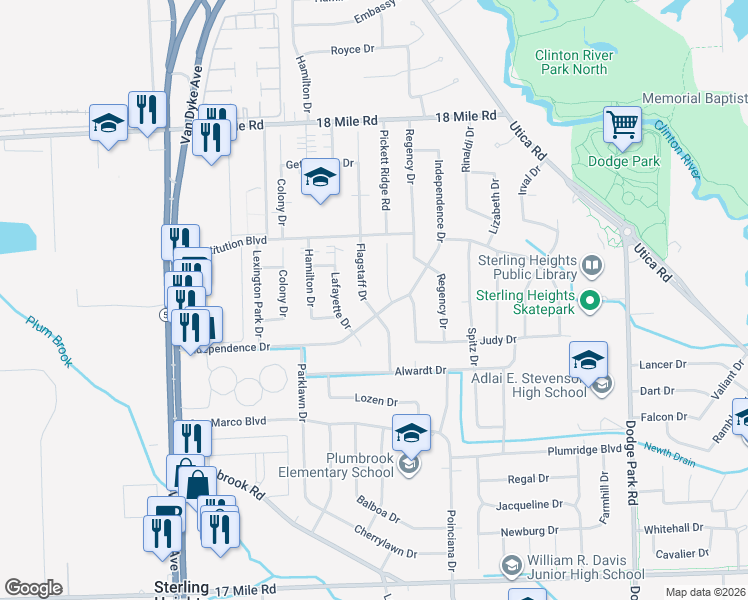 map of restaurants, bars, coffee shops, grocery stores, and more near 40330 Flagstaff Drive in Sterling Heights