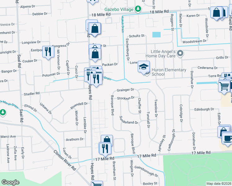 map of restaurants, bars, coffee shops, grocery stores, and more near 15416 Grainger Drive in Clinton Township