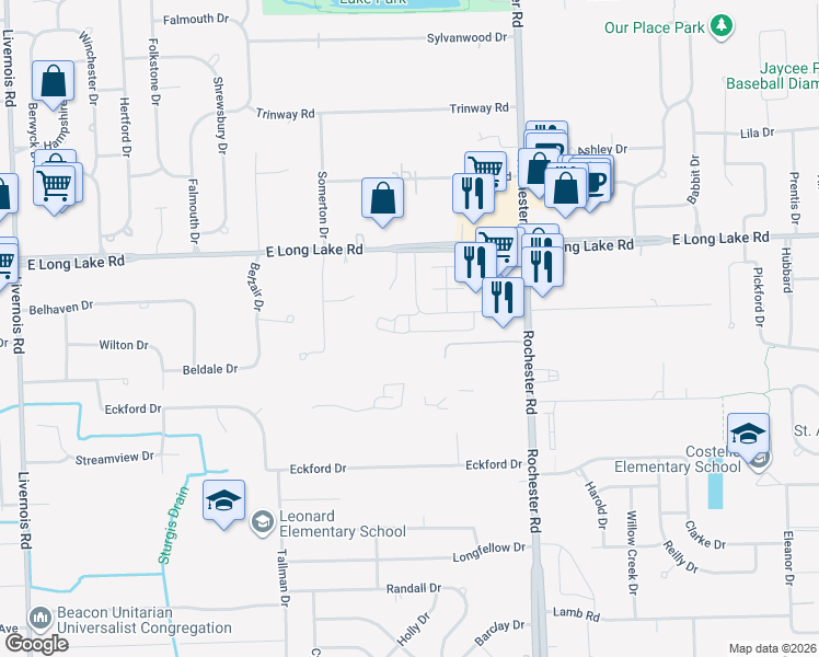 map of restaurants, bars, coffee shops, grocery stores, and more near 4896 River Bank Court in Troy