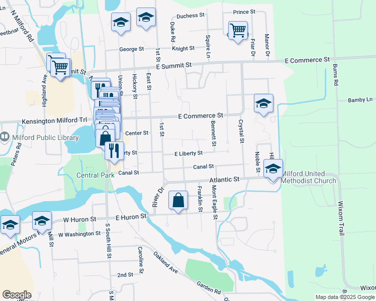 map of restaurants, bars, coffee shops, grocery stores, and more near 715 East Liberty Street in Milford Charter Township