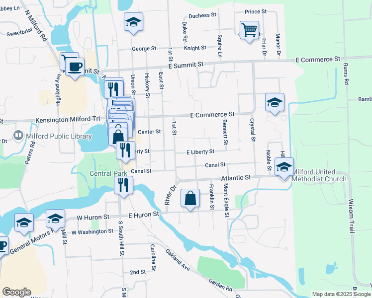 map of restaurants, bars, coffee shops, grocery stores, and more near 541 East Liberty Street in Milford Charter Township