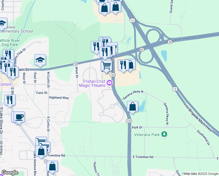 map of restaurants, bars, coffee shops, grocery stores, and more near 100 North Edwards Boulevard in Lake Geneva