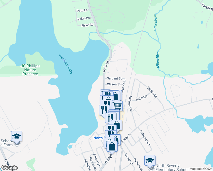 map of restaurants, bars, coffee shops, grocery stores, and more near 73 Enon Street in Beverly