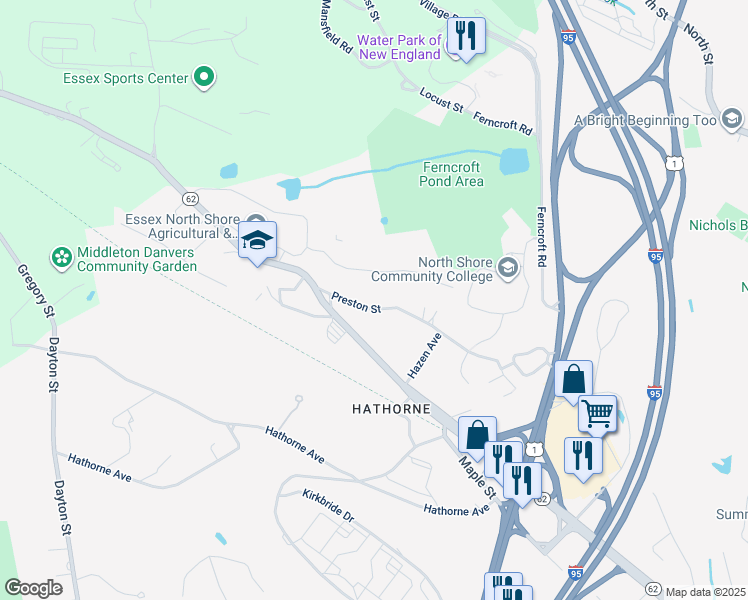 map of restaurants, bars, coffee shops, grocery stores, and more near 13 Preston Street in Danvers