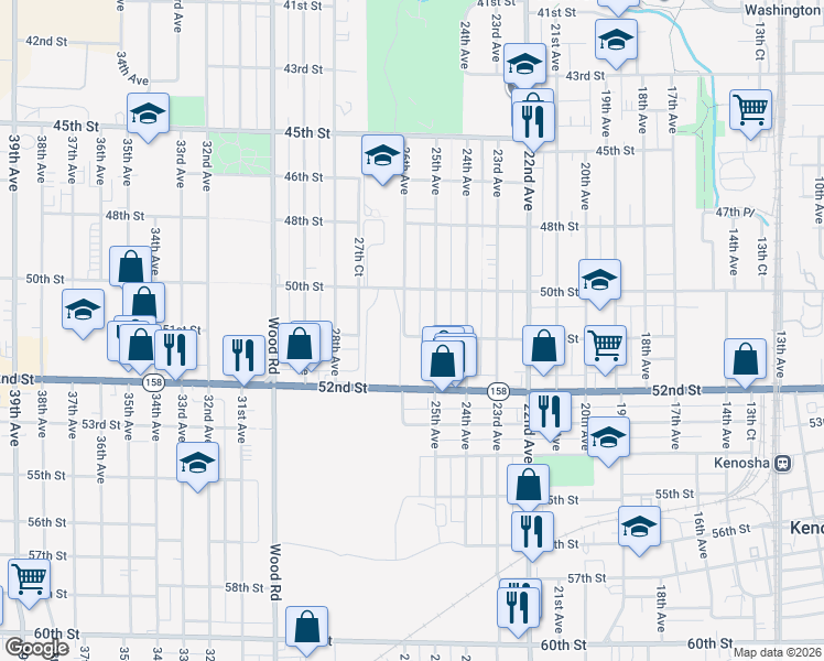 map of restaurants, bars, coffee shops, grocery stores, and more near 5039 26th Avenue in Kenosha
