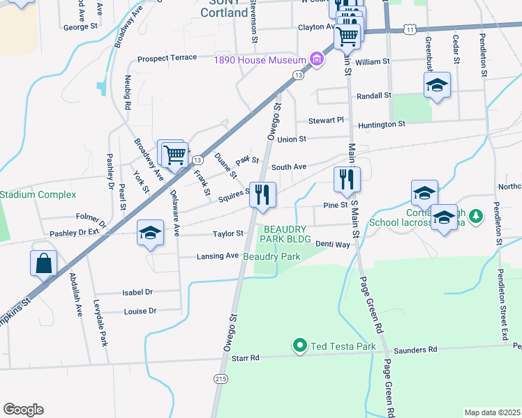 map of restaurants, bars, coffee shops, grocery stores, and more near 77 Owego Street in Cortland