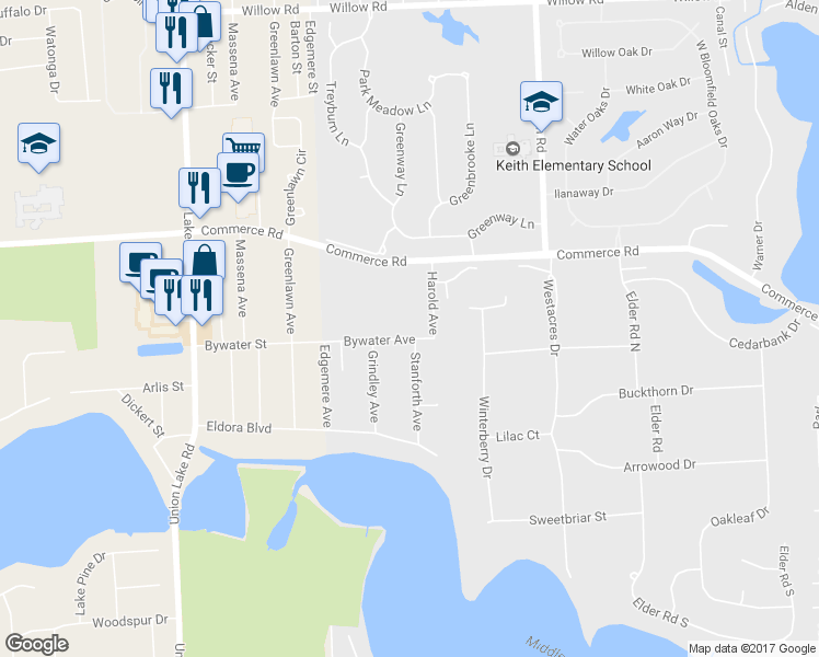 map of restaurants, bars, coffee shops, grocery stores, and more near 7842 Bywater Avenue in West Bloomfield Township