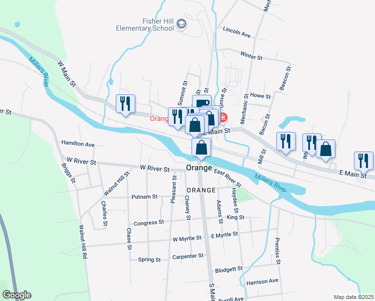 map of restaurants, bars, coffee shops, grocery stores, and more near 18 Chase Court in Orange