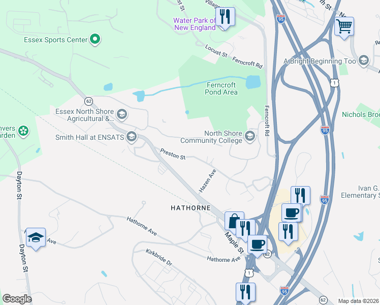 map of restaurants, bars, coffee shops, grocery stores, and more near 30 Preston Street in Danvers