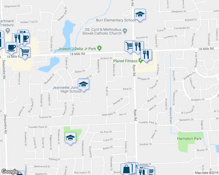 map of restaurants, bars, coffee shops, grocery stores, and more near 3527 Barg Drive in Sterling Heights