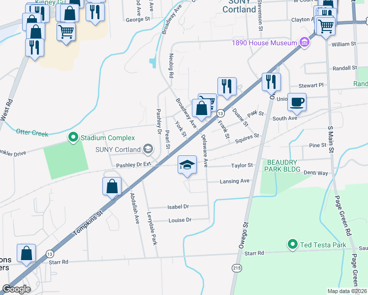 map of restaurants, bars, coffee shops, grocery stores, and more near 187 Tompkins Street in Cortland