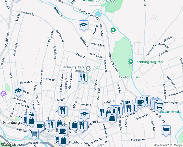 map of restaurants, bars, coffee shops, grocery stores, and more near 160 Pearl Street in Fitchburg