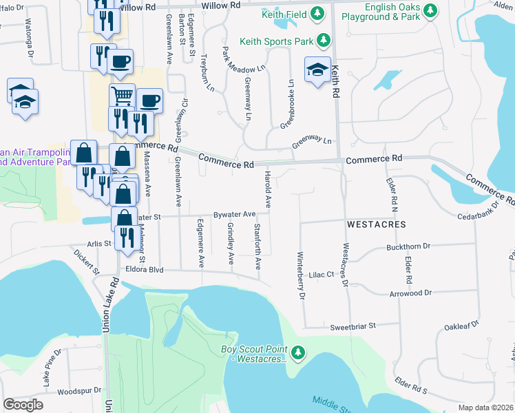 map of restaurants, bars, coffee shops, grocery stores, and more near 7842 Bywater Avenue in West Bloomfield Township