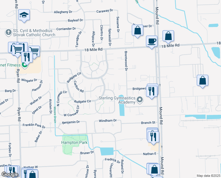 map of restaurants, bars, coffee shops, grocery stores, and more near 40210 Heather Court in Sterling Heights