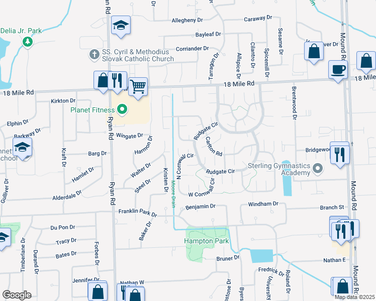 map of restaurants, bars, coffee shops, grocery stores, and more near 40083 Canvey Court in Sterling Heights